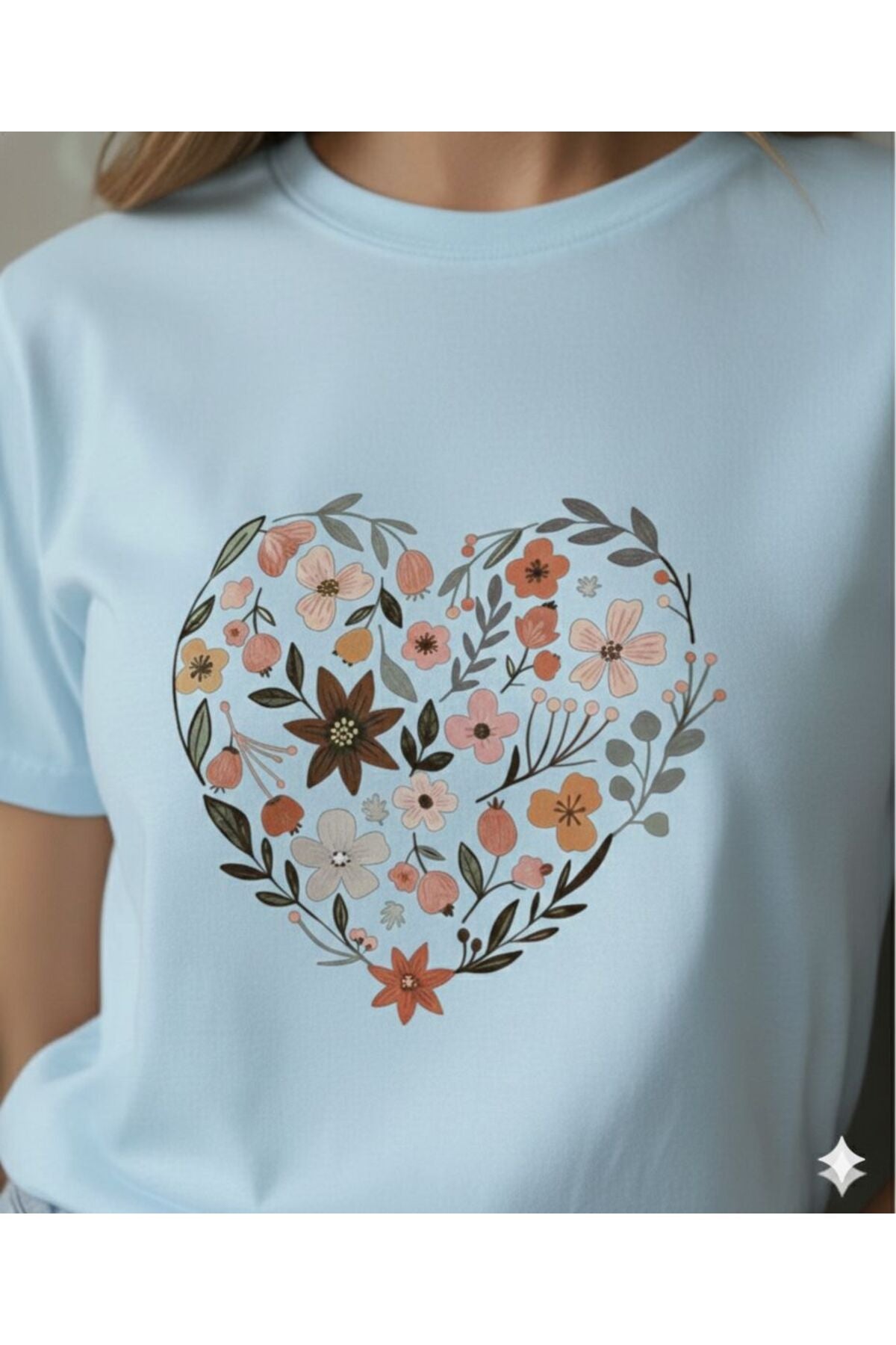 Kalp ve Laleler Baskılı Kadın Bisiklet Yaka Tshirt
