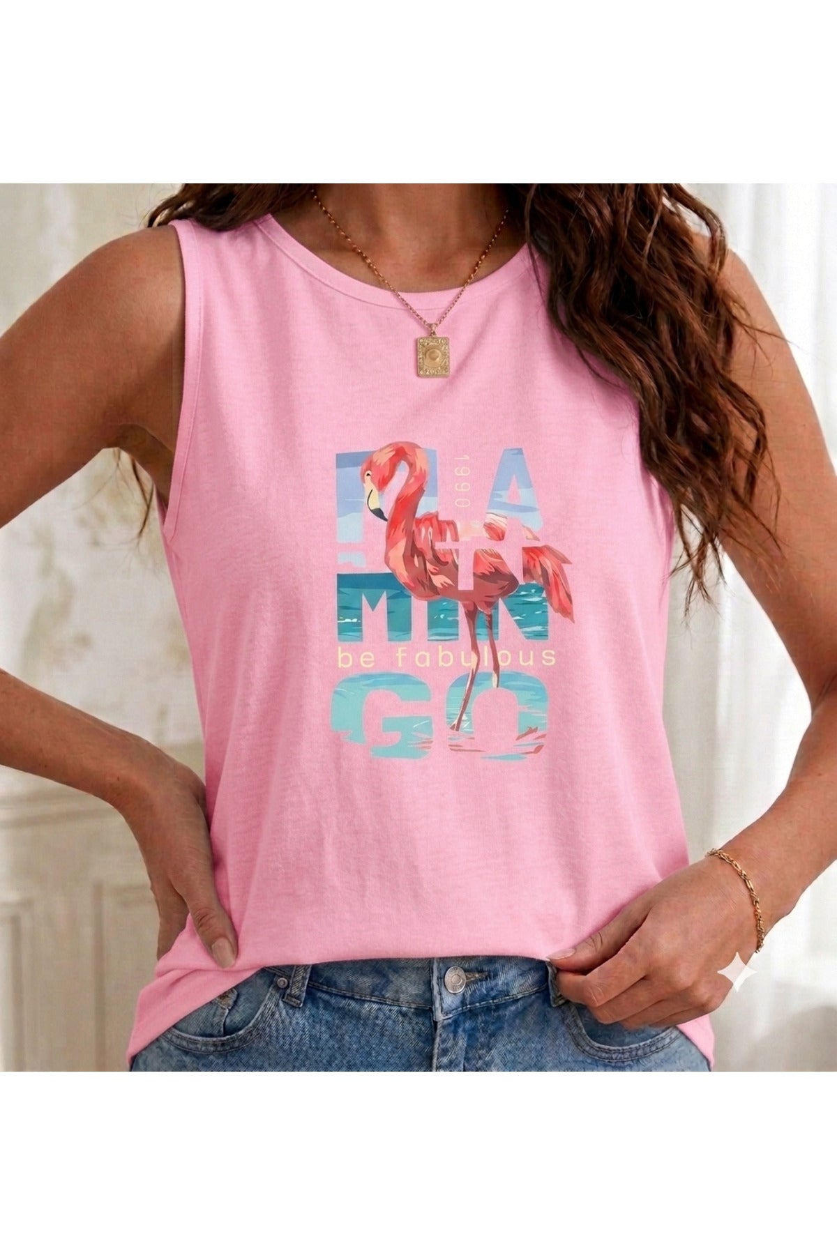 1990 Flamingo Baskılı ( Omuzu Açık ) Kadın Askılı Atlet T-shirt