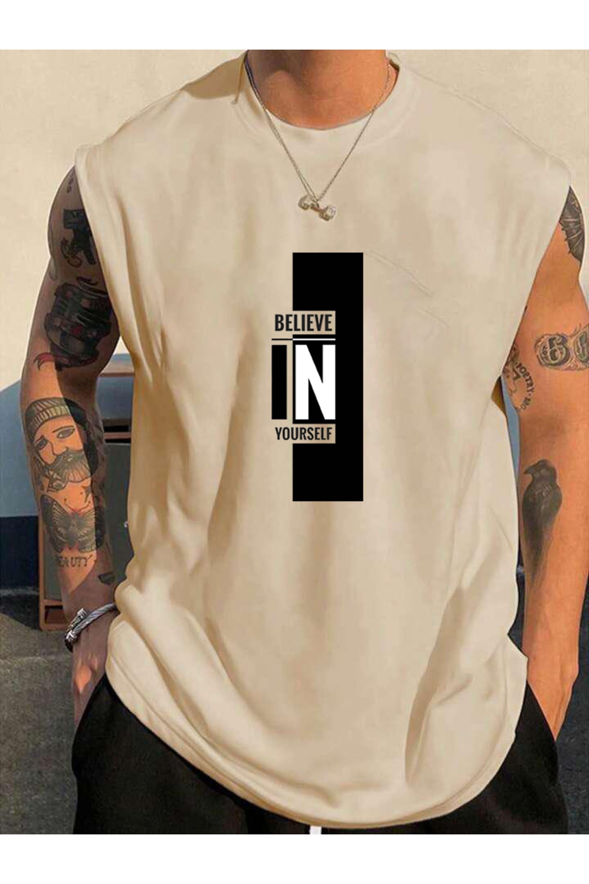 Believe Baskılı Kolsuz Atlet Tshirt Erkek Sıfır Kol Giyim Spor Giyim Oversize