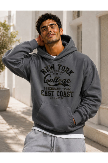 College New York Üç İplik Penye Erkek Kapşonlu Sweatshirt Oversize