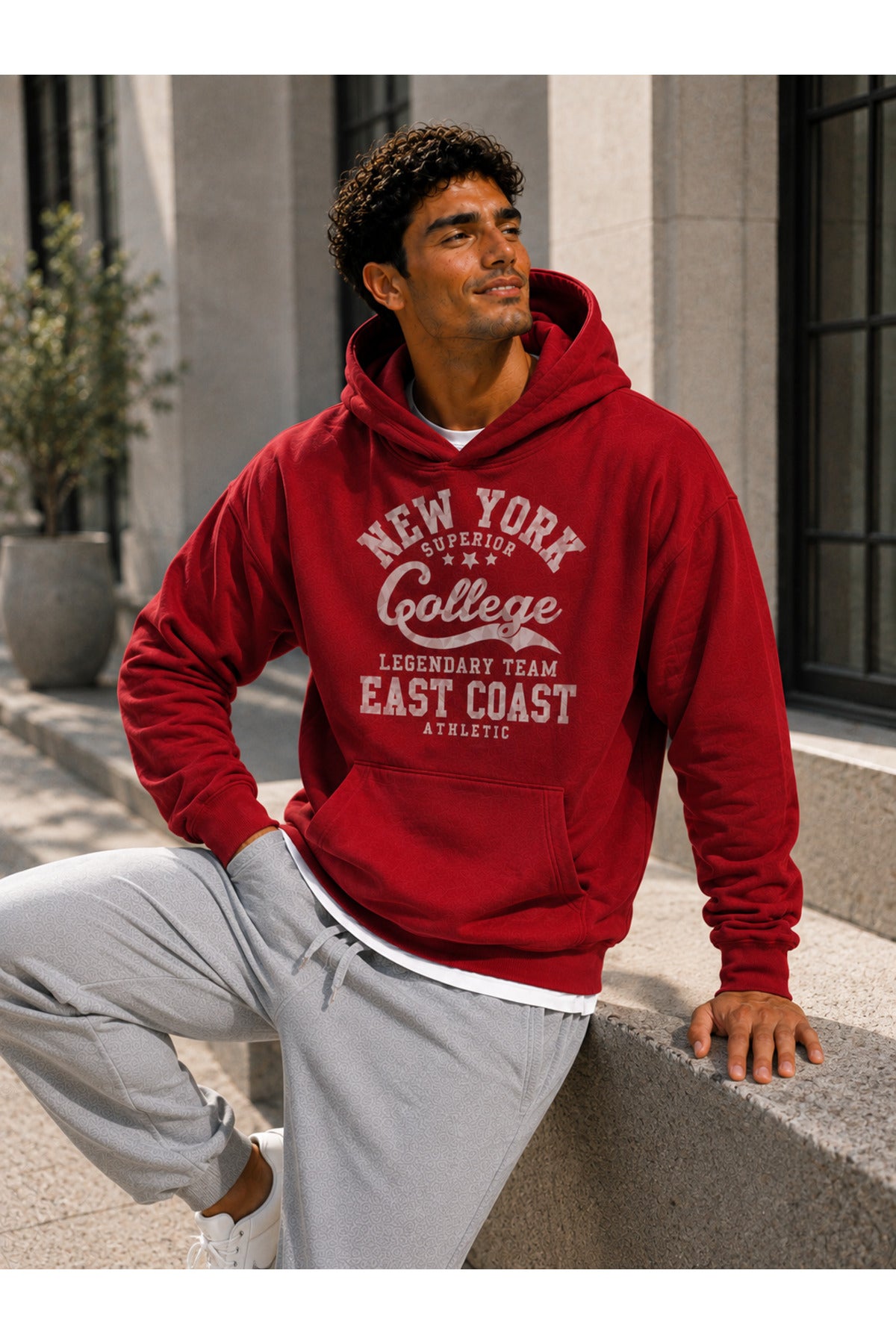 College New York Üç İplik Penye Erkek Kapşonlu Sweatshirt Oversize