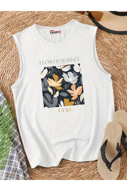 Şehrin Çiçekleri Omuzu Açık Kadın Pamuklu Kolsuz Yazlık T-shirt Atlet