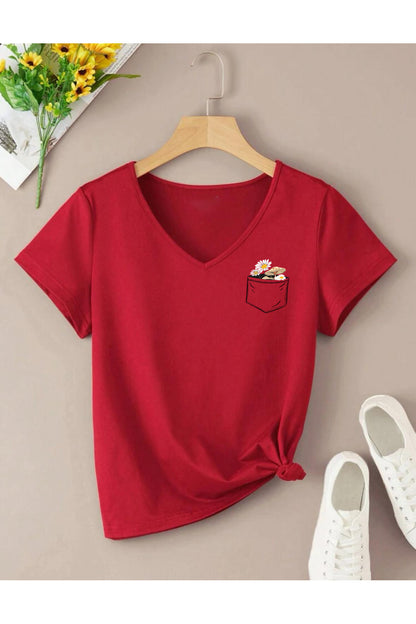 V Yaka Basic Çiçek Baskılı Pamuklu Tshirt (NORMAL KALIP)