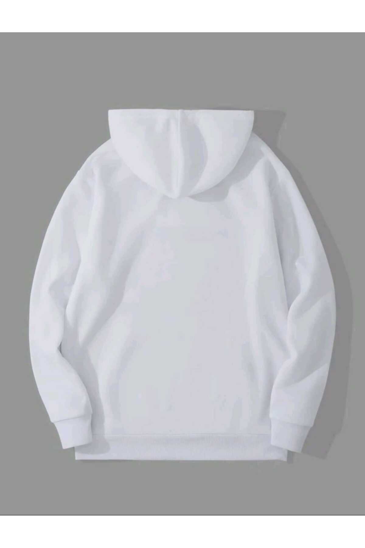 Beyaz Baskılı Kapüşonlu Sweatshirt Pamuklu