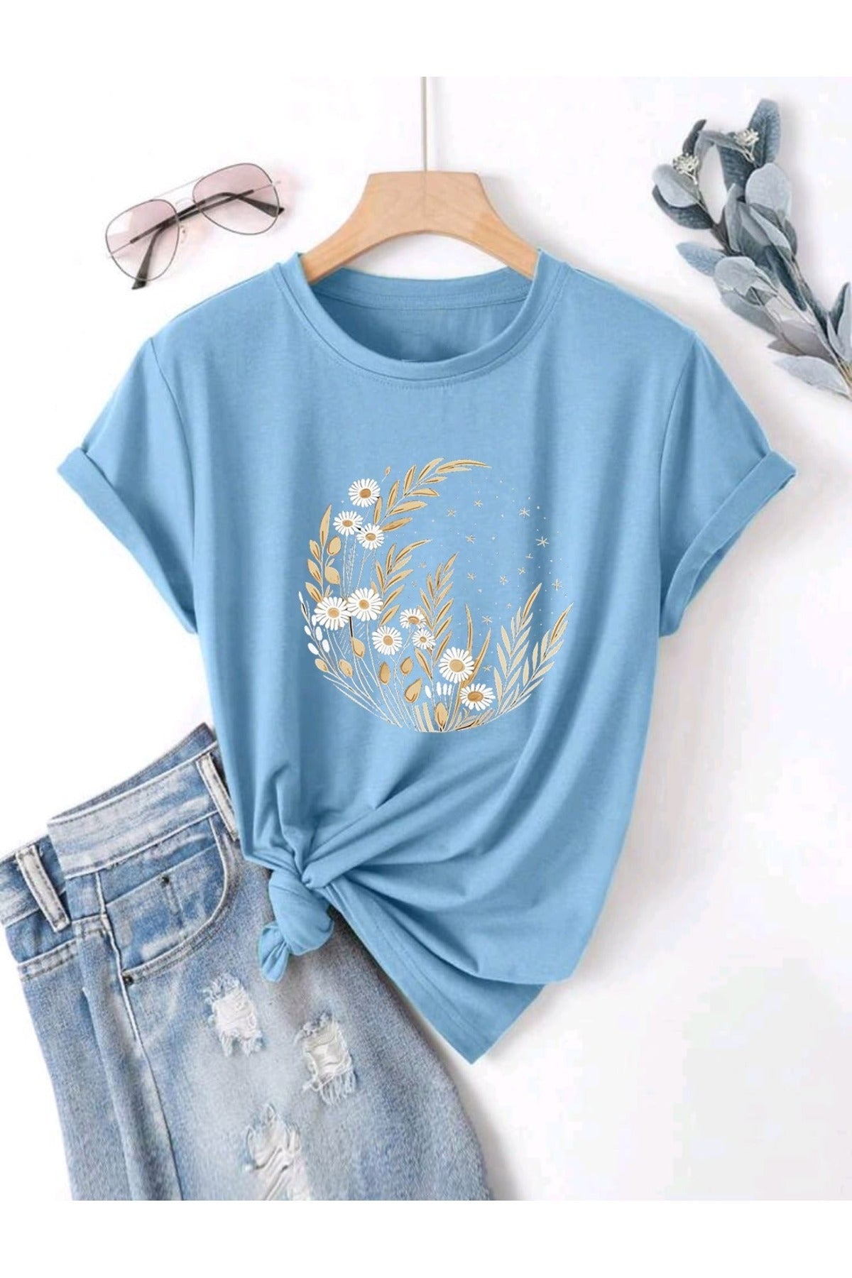 Ay Yıldız Papatya Baskılı UNISEX YAZLIK Pamuklu Kısa Kol Tshirt