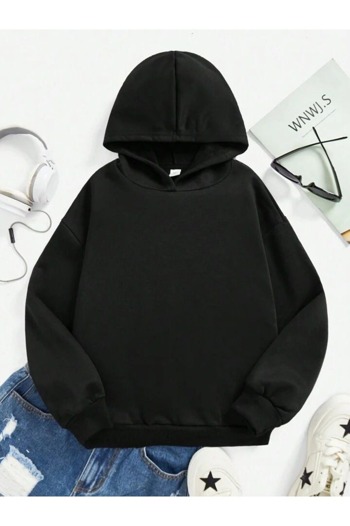 Basic Kapşonlu Sweatshirt Düz Baskısız Oversize ( Geniş Kalıp )