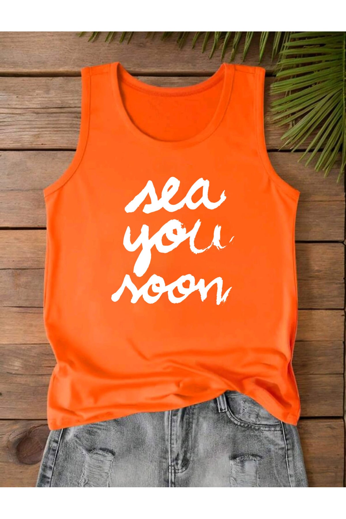 Sea You Noon Baskılı Omuzu Açık Kadın Pamuklu Kolsuz Yazlık T-shirt Atlet