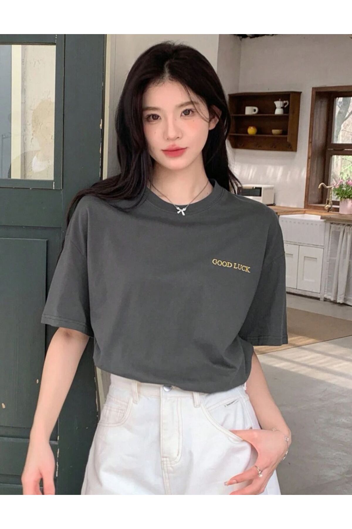 GOOD LUCK Baskılı Pamuklu Kısa Kol (Oversize) Tshirt