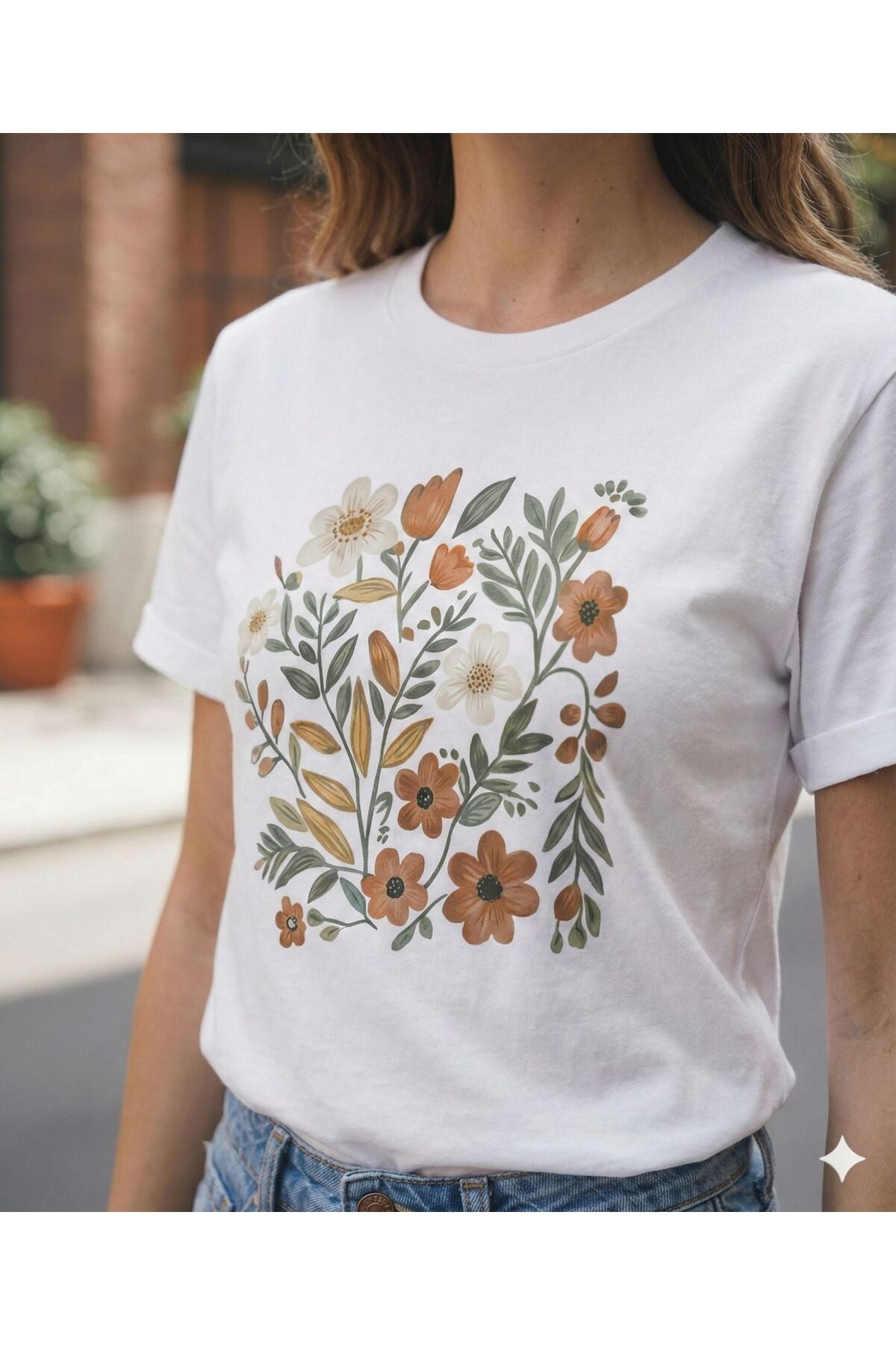 Bahar Dikdörtgen Papatyalar Baskılı Kadın Bisiklet Yaka Tshirt
