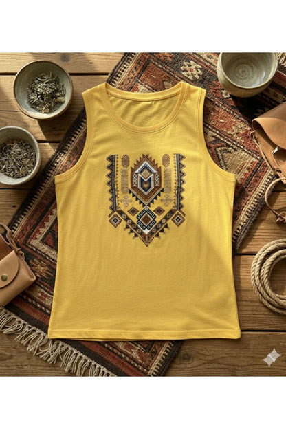 Etnik Desen Baskılı Kadın Omuzu Açık Kolsuz Askılı Tshirt
