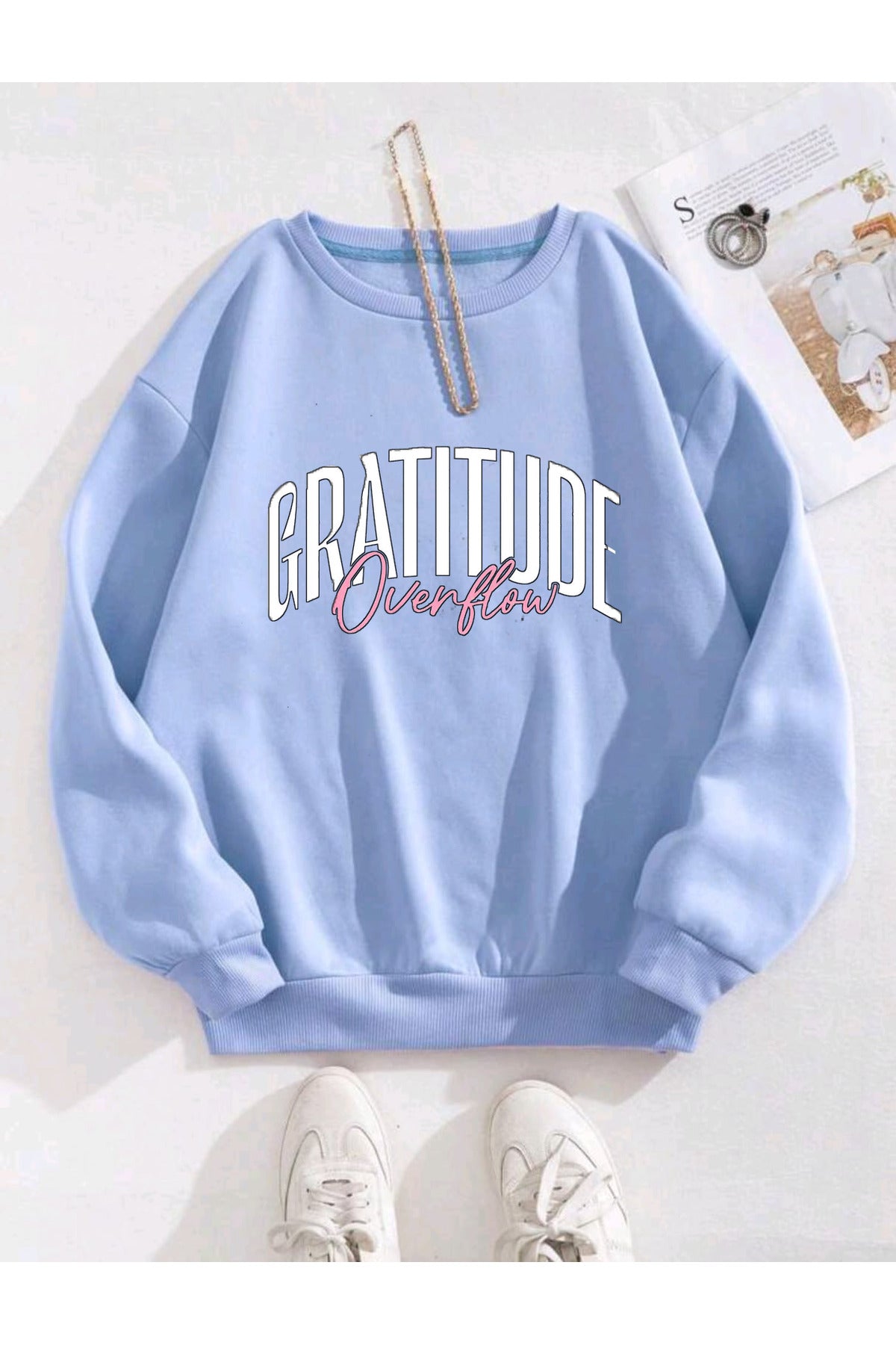 GRATITUDE OVERFLOW Baskılı Bisiklet Yaka Pamuklu Unisex Sweatshirt