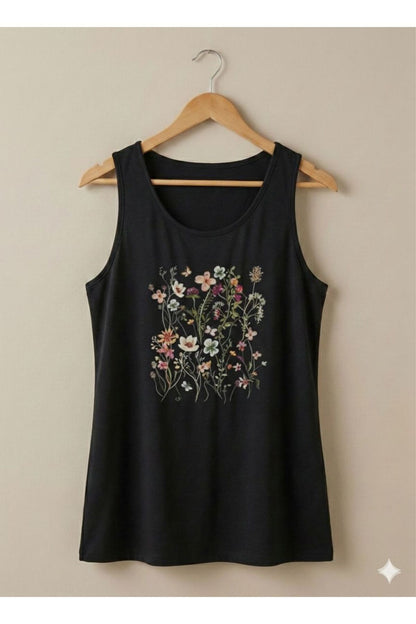 Flowers Baskılı Kadın Siyah Omuzu Açık Askılı Yazlık Pamuklu T-shirt