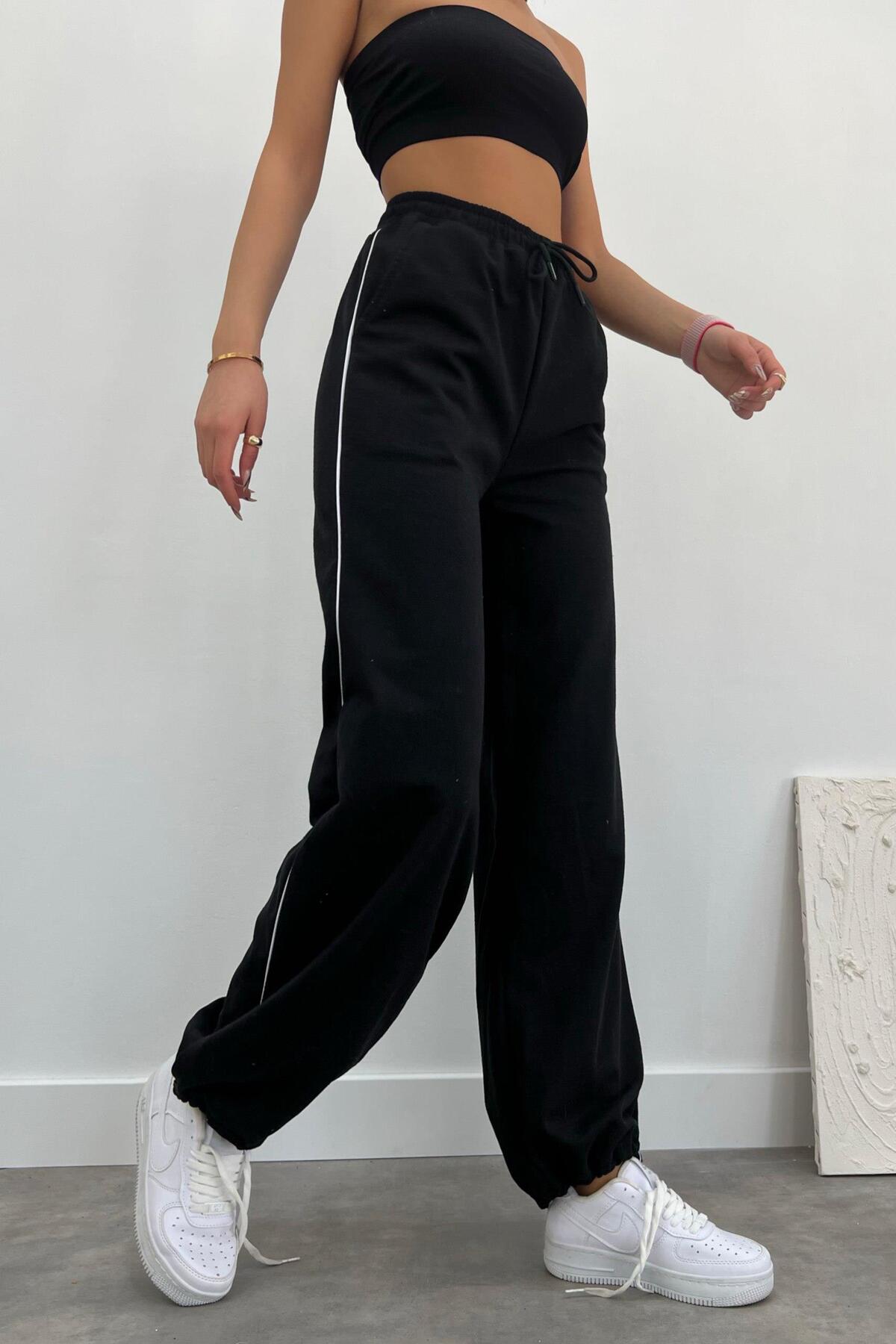 Siyah Yan Biye Bol Eşofman Altı Unisex