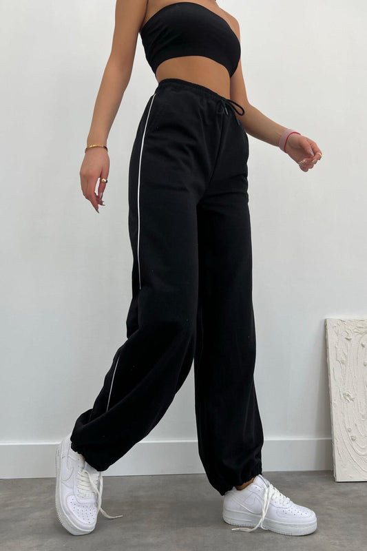 Siyah Yan Biye Bol Eşofman Altı Unisex