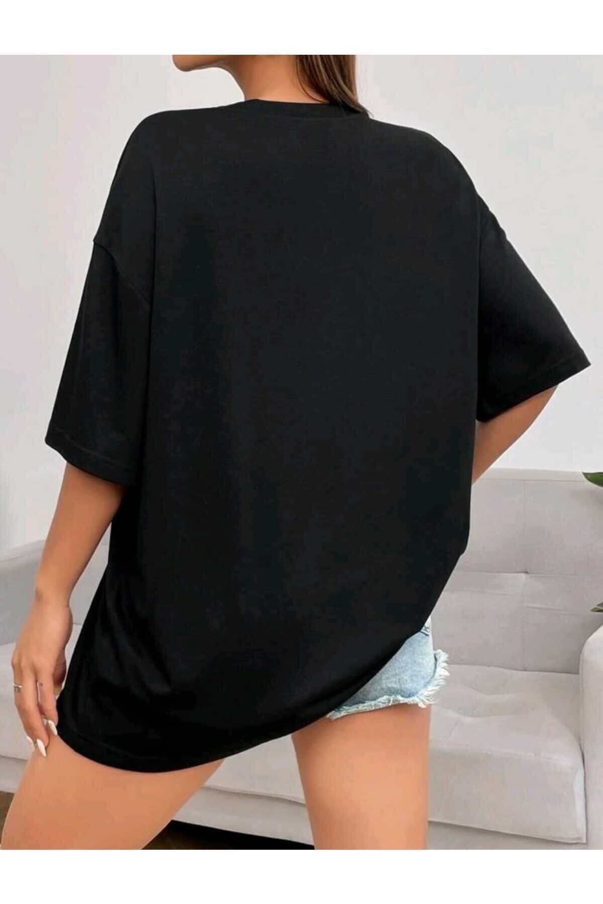 Boston Baskılı Oversize Siyah Pamuk Spor Tshirt