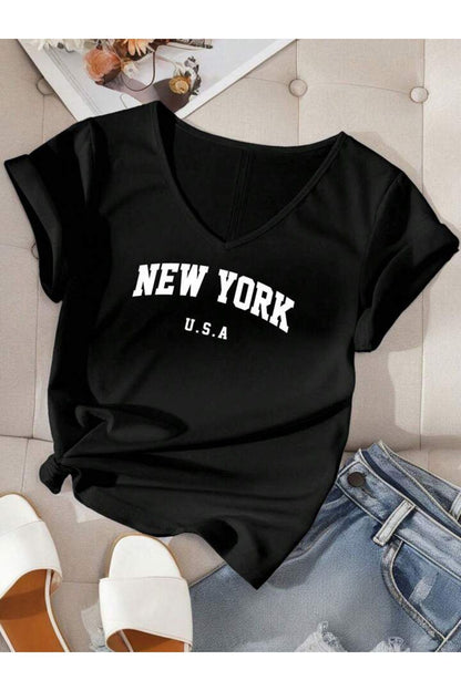 Kadın New York USA Baskılı V Yaka T-shirt