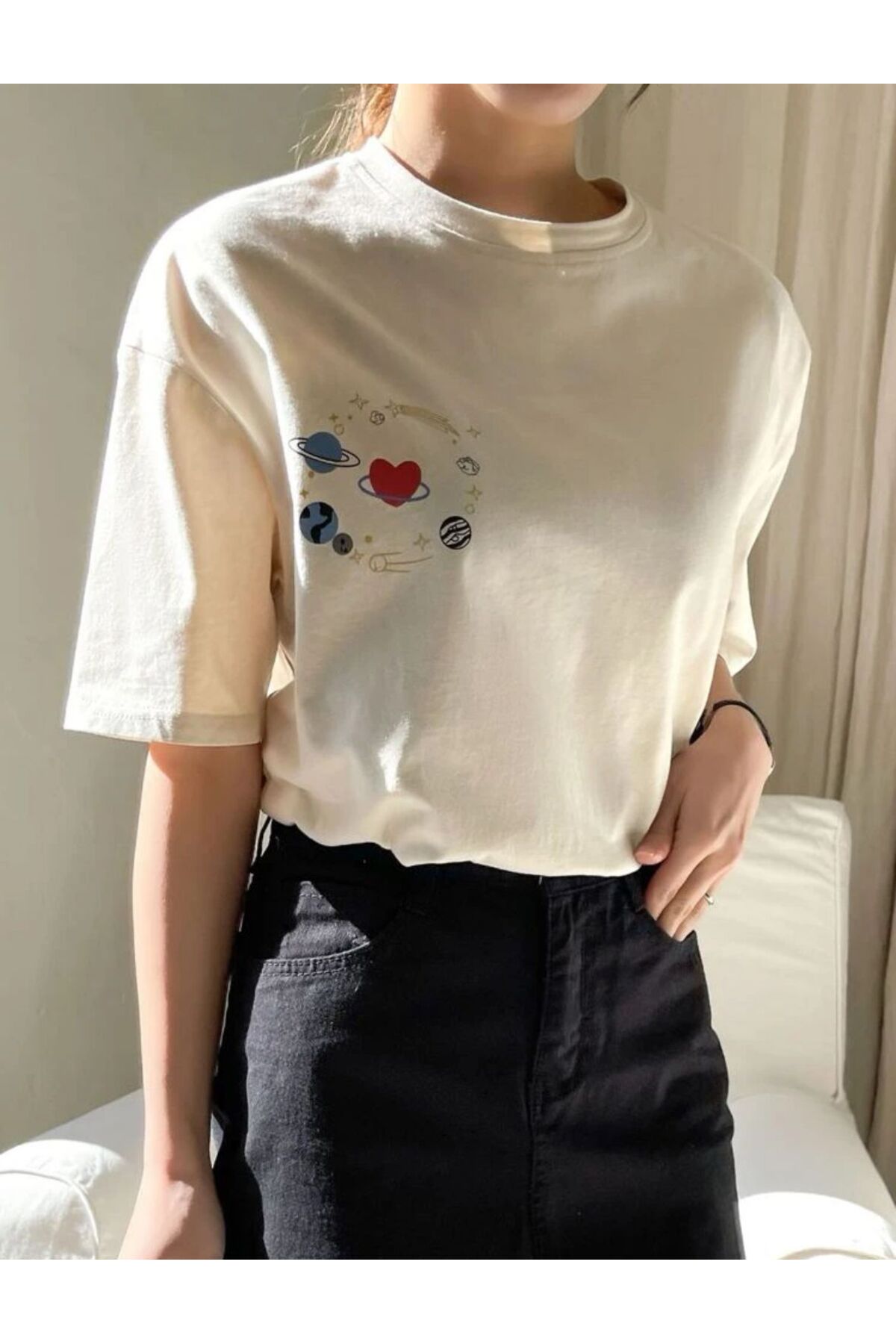 GALAXY Baskılı Pamuklu Kısa Kol (Oversize) Tshirt