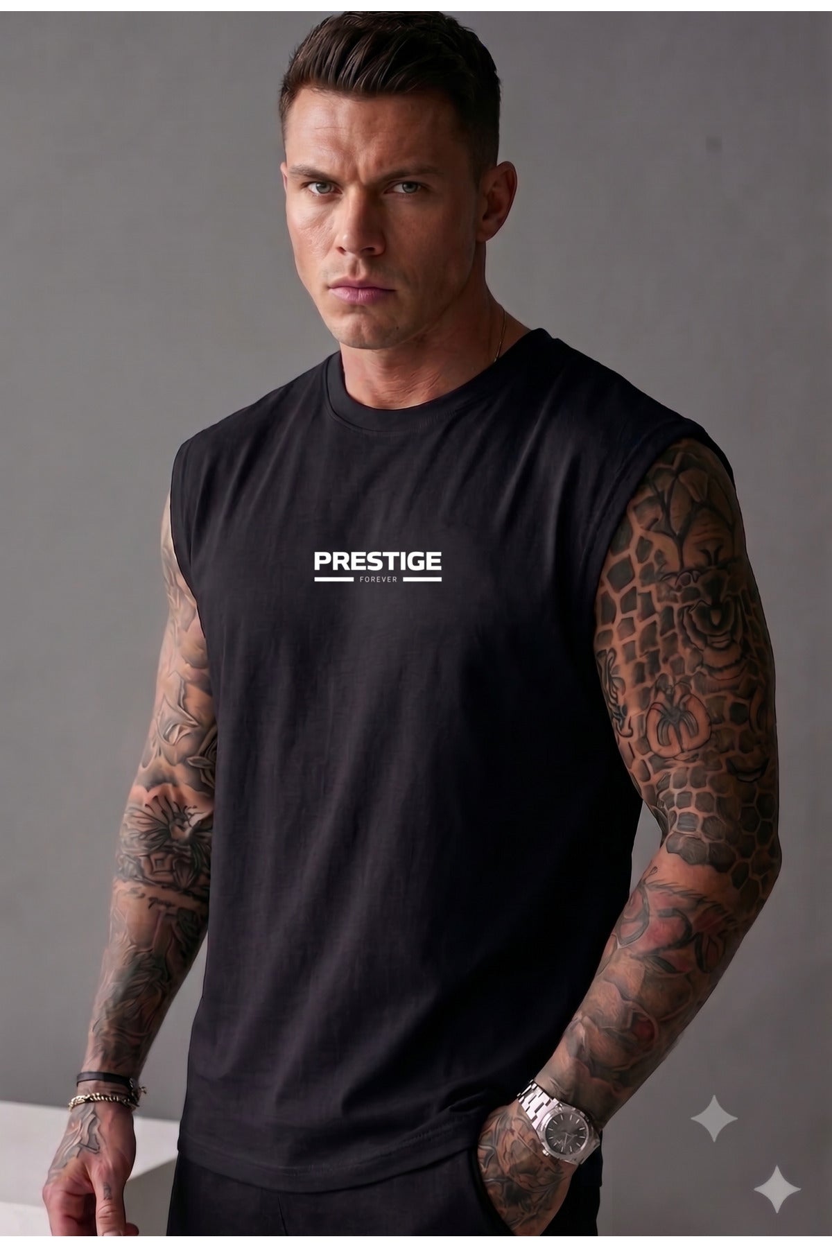 PRESTIGE Baskılı Erkek Sıfır Kol Sporcu Atlet T-shirt (Pamuk/Penye)