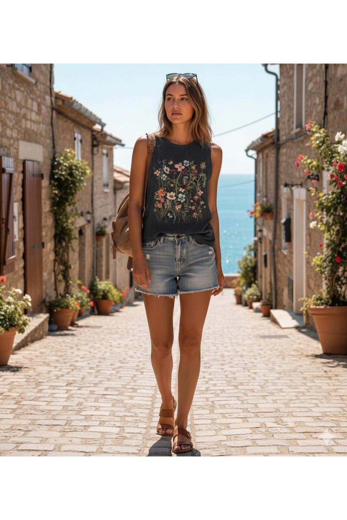 FLOWERS Kadın Askılı Omuzu Açık Kolsuz Flowers Baskılı TSHİRT