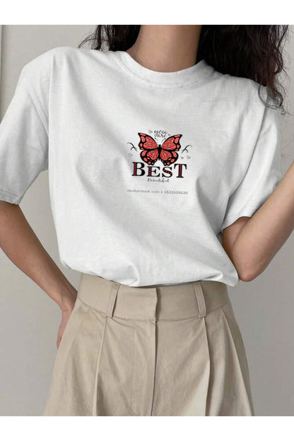 BEST Kelebek Baskılı Pamuklu Kısa Kol (Oversize) Tshirt