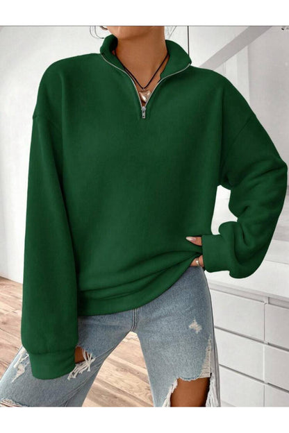 Dik Yaka Yarım Fermuarlı Düz Kazak Sweatshirt