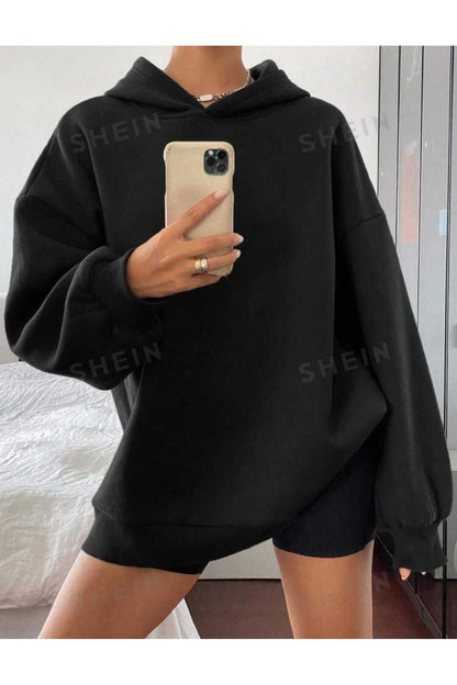 Kapüşonlu Düz Baskısız Giy Çık Oversize Kalıp Sweatshirt