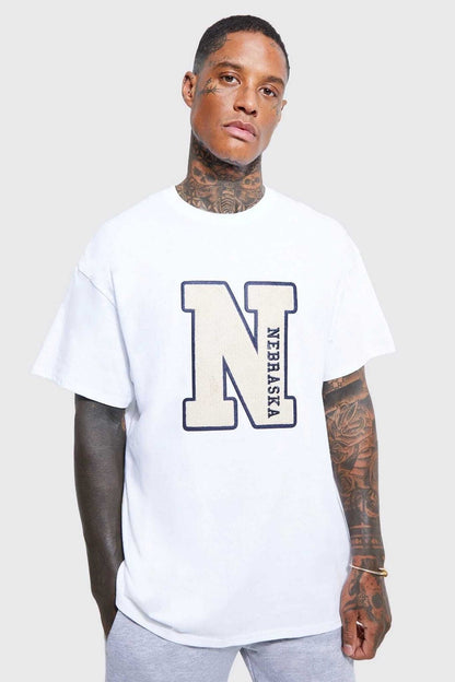 Nebraska Baskılı Oversize Bisiklet Yaka Beyaz Pamuk Tshirt