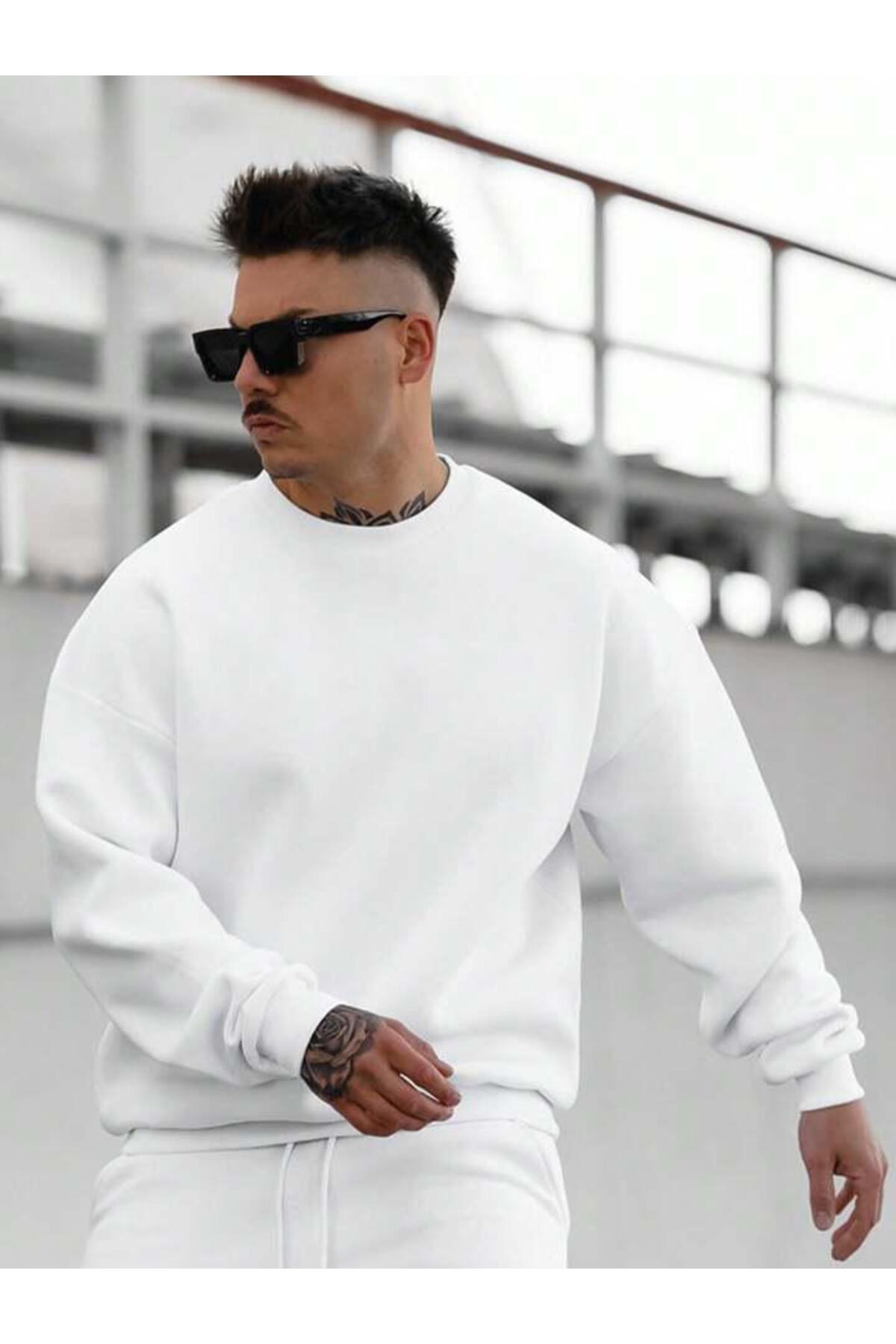 Düz Bisiklet Yaka Sweatshirt Baskısız Geniş Kalıp