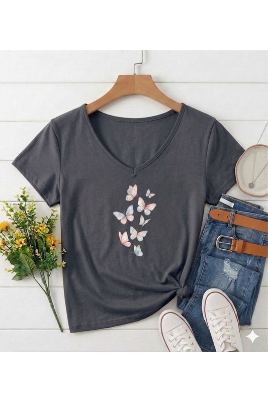 KELEBEKLER Baskılı Kadın V Yaka Regular Kalıp Tshirt (Anneler Gününe Özel Seri)