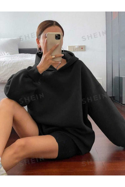 Kapüşonlu Düz Baskısız Giy Çık Oversize Kalıp Sweatshirt