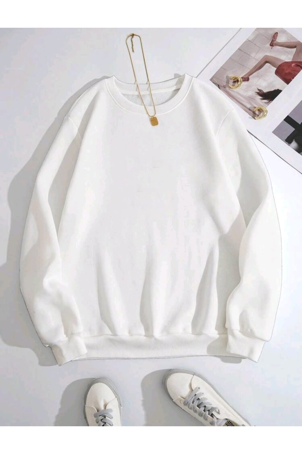 Düz Baskısız Giy Çık Oversize Kalıp Bisiklet Yaka Sweatshirt