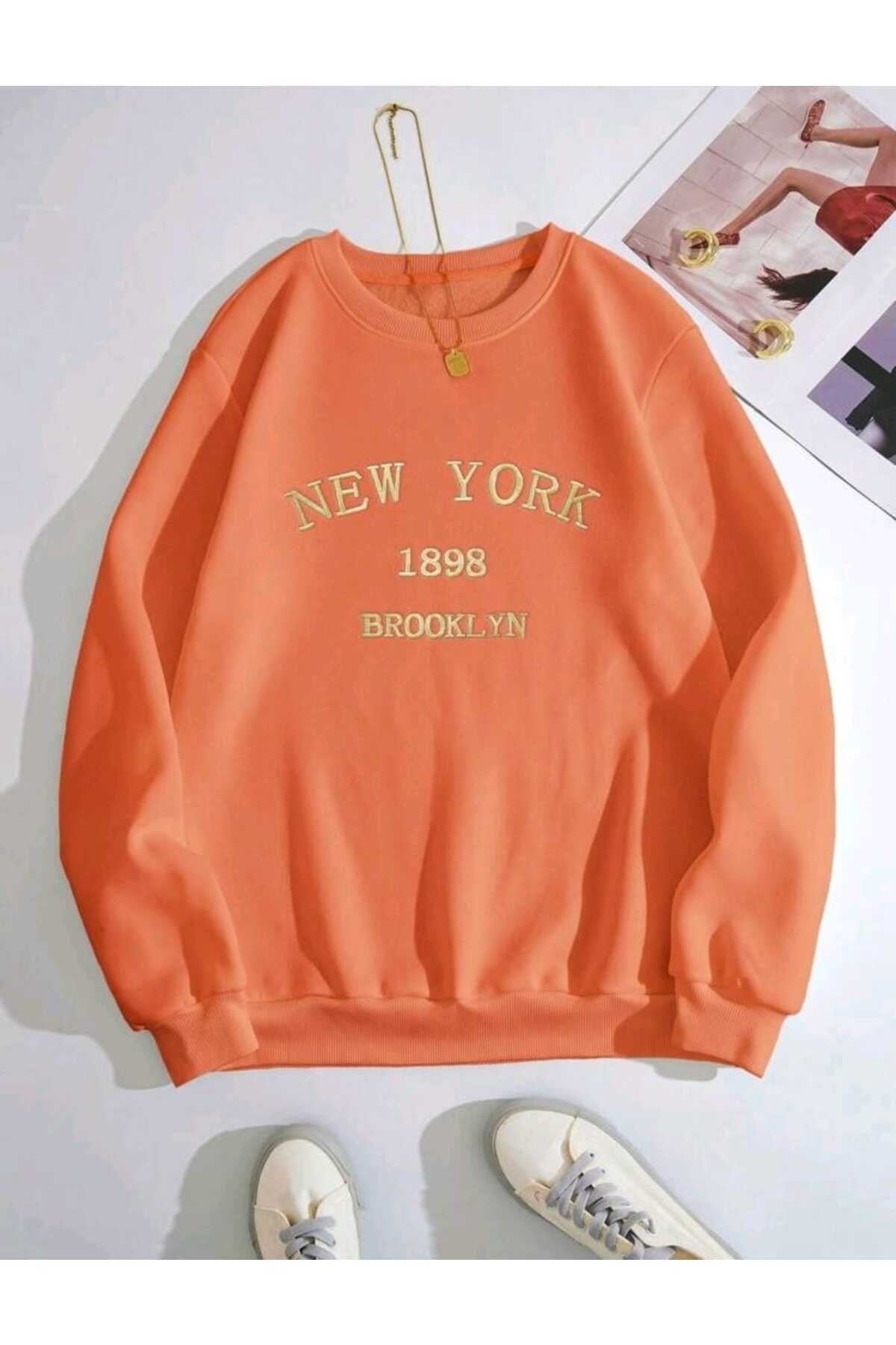 New York 1898 Baskılı Bisiklet Yaka Pamuklu Sweatshirt