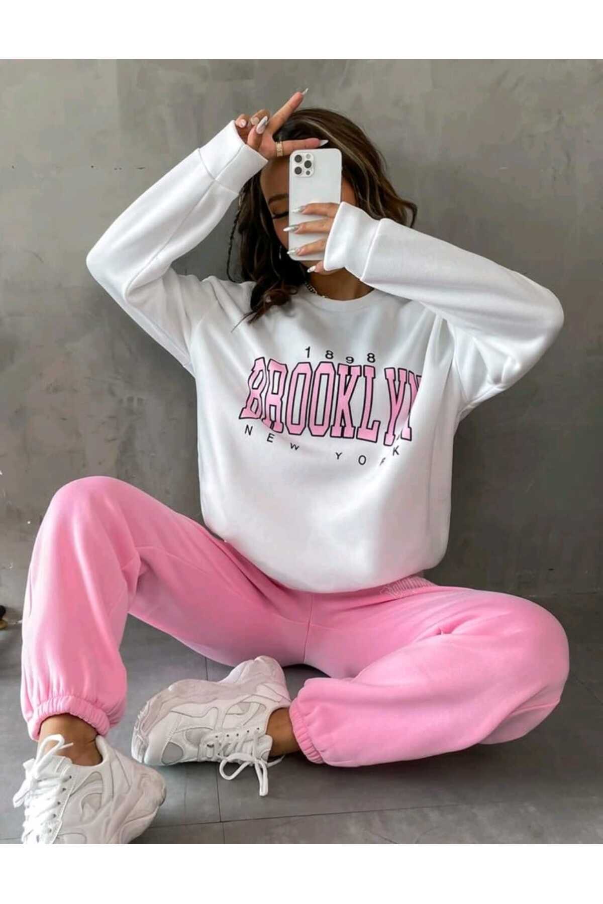 Brooklyn Baskılı Alt Üst Takım Pamuklu Spor Bisiklet Yaka Sweatshirt Ve Lastikli Eşofman Altı