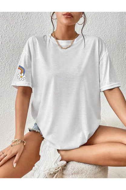 Gökkuşağı ve Papatya Baskılı Pamuklu Oversize Tshirt