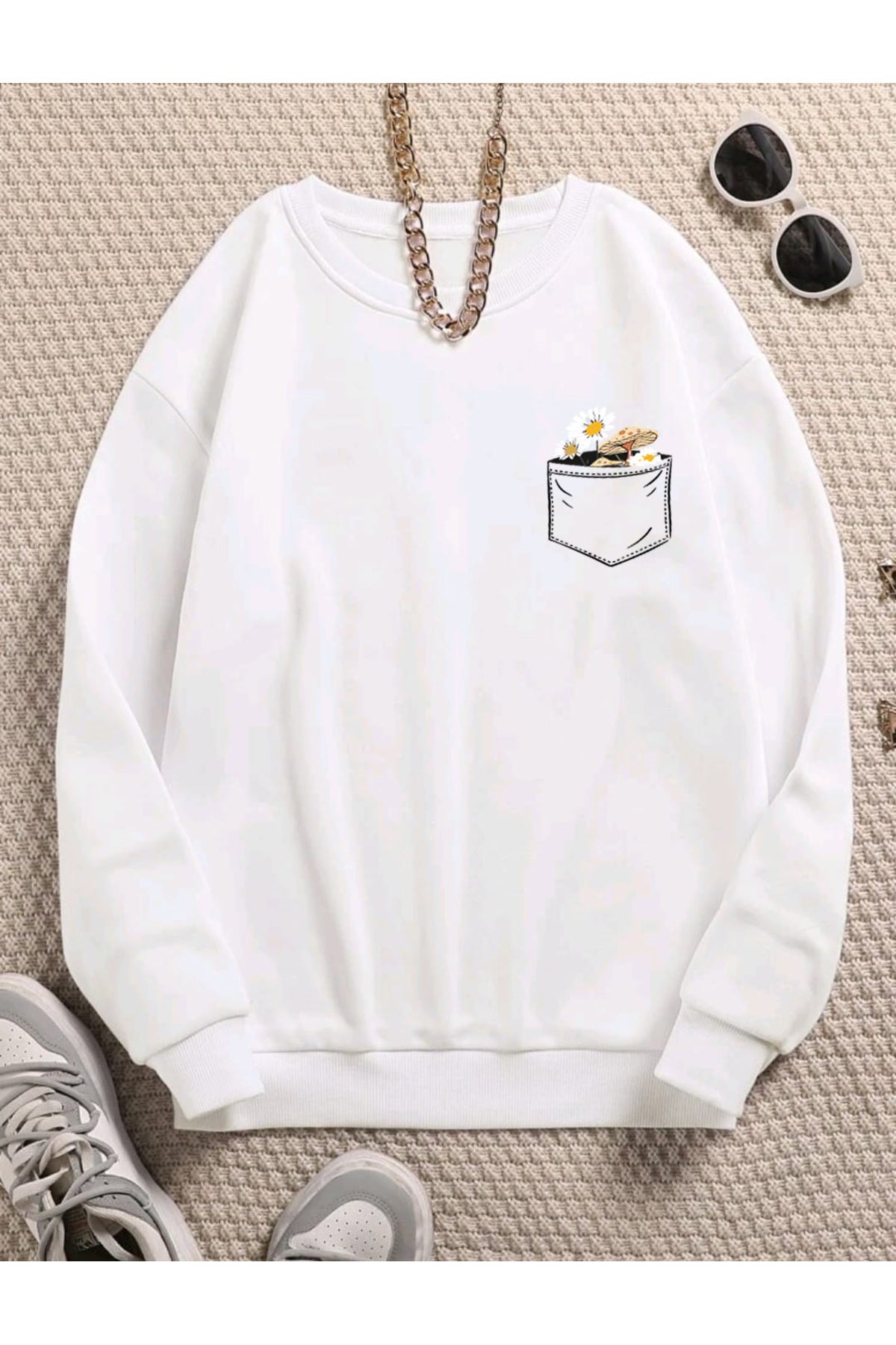Çiçek Baskılı Bisiklet Yaka Pamuklu Sweatshirt