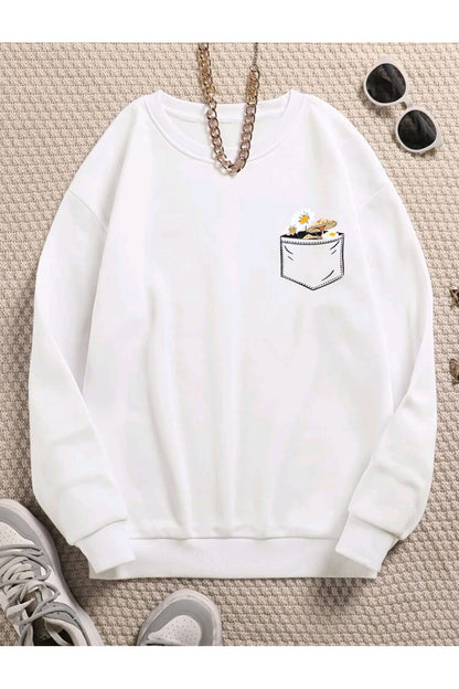 Çiçek Baskılı Bisiklet Yaka Pamuklu Sweatshirt