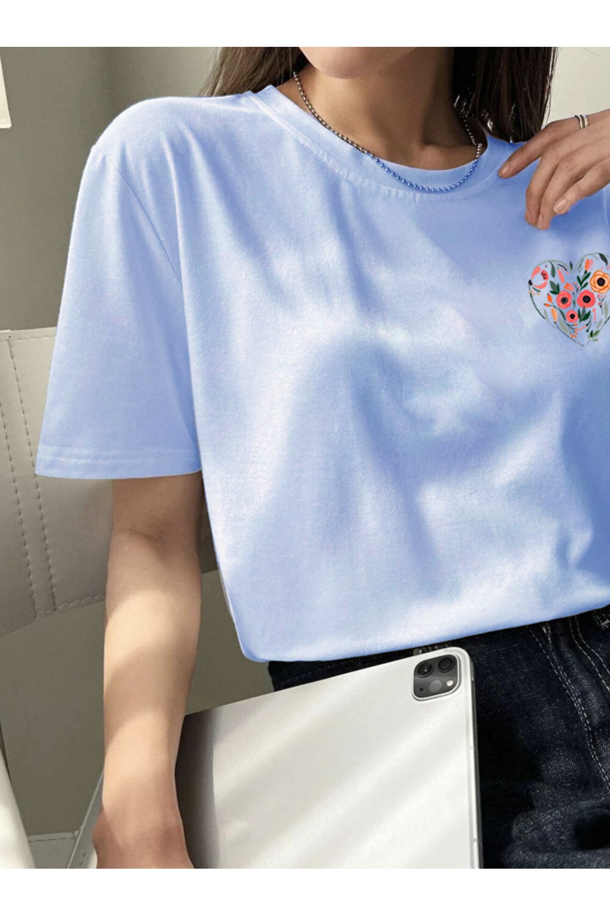 KALP ve Lale Baskılı Oversize Geniş Kalıp Pamuklu T-shirt Unisex