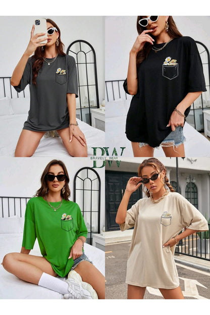 4ü1 Arada Çiçek Baskılı Unisex Oversize ( Geniş Kalıp ) Tshirt