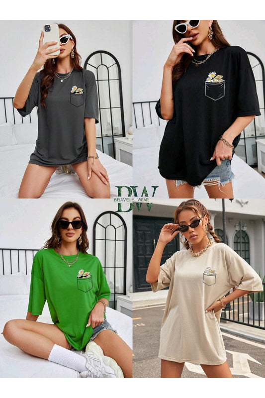 4ü1 Arada Çiçek Baskılı Unisex Oversize ( Geniş Kalıp ) Tshirt