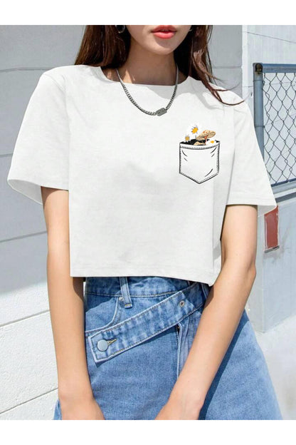 Crop Oversize Pamuklu Çiçekli Tişört