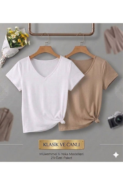 2 Adet Düz Regular Kalıp Kadın (V YAKA) T-Shirt
