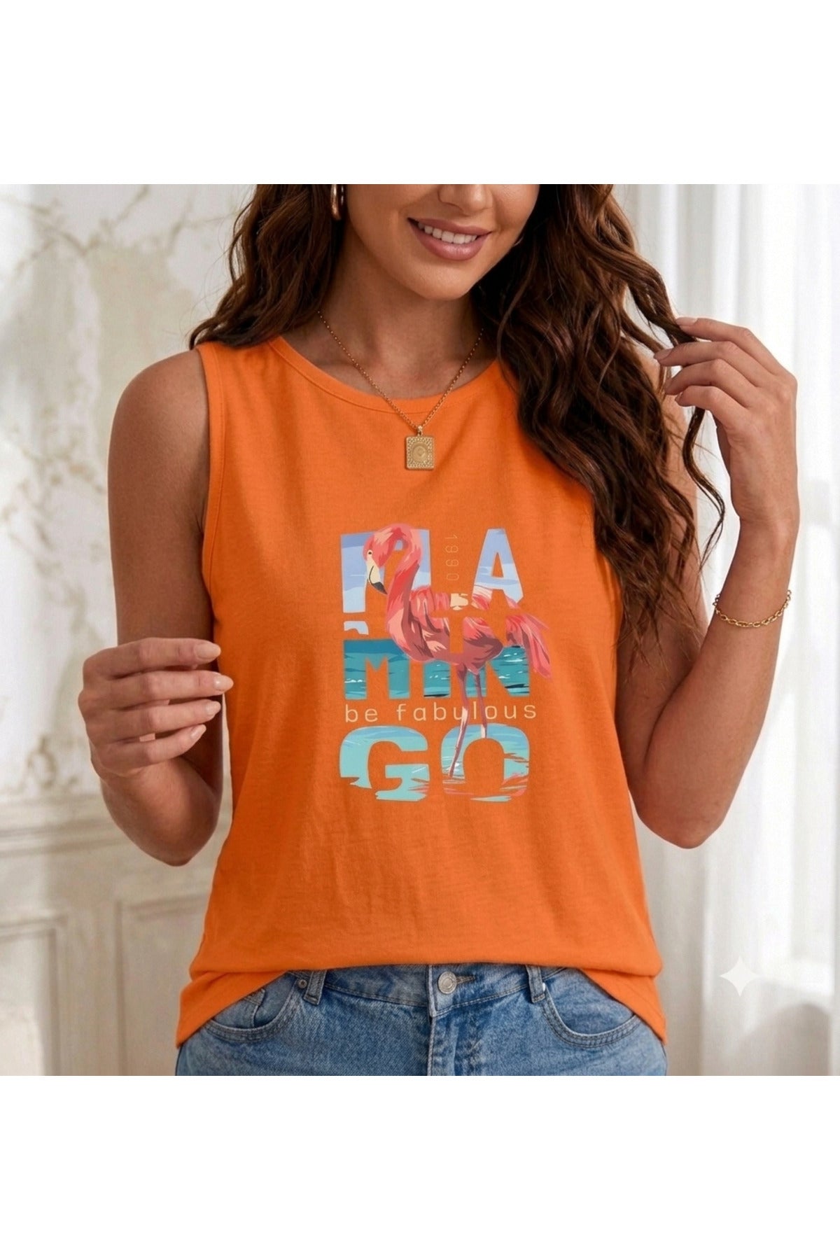 1990 Flamingo Baskılı ( Omuzu Açık ) Kadın Askılı Atlet T-shirt