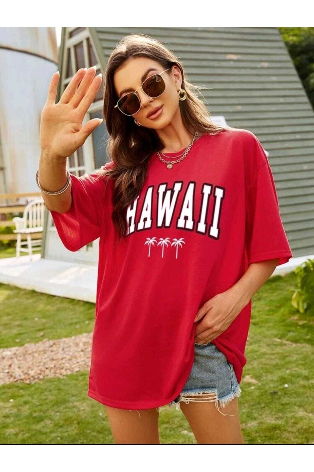 Hawaii Baskılı Oversize T-shirt