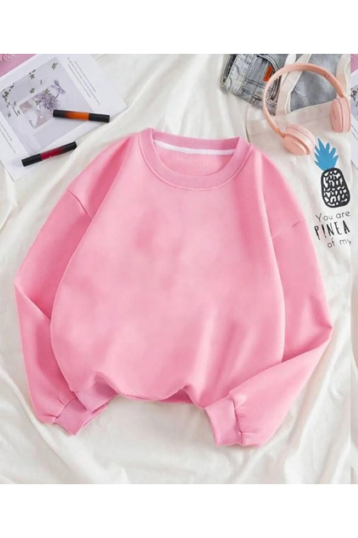 Bisiklet Yaka Sweatshirt Düz Baskısız ( SOFT ) Geniş Kalıp