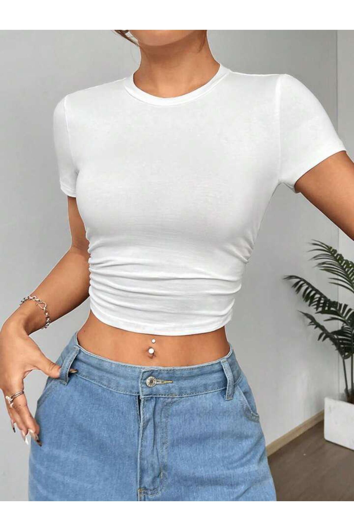 CROP TSHİRT Pamuklu Penye Kısa Kol Bisiklet Yaka