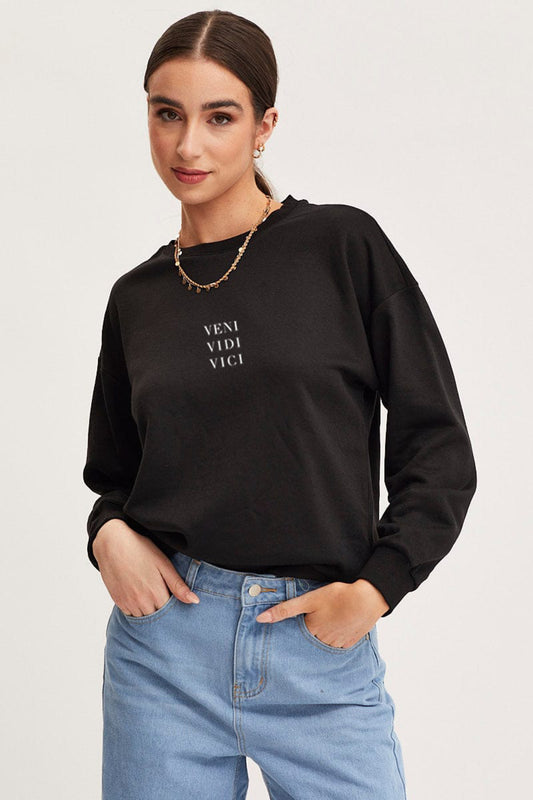 VENI VIDI VICI Baskılı Regular Kalıp Kadın Bisiklet Yaka Sweatshirt