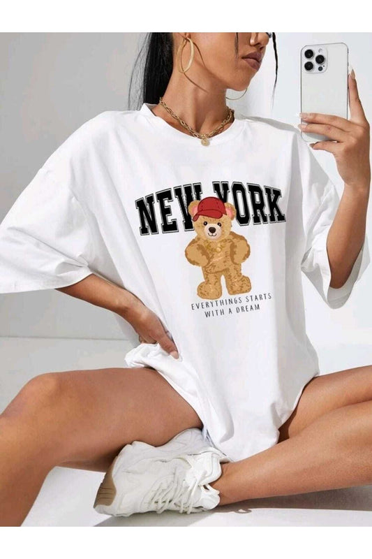 New York Baskılı Oversize Beyaz Bisiklet Yaka Pamuk Penye T-shirt
