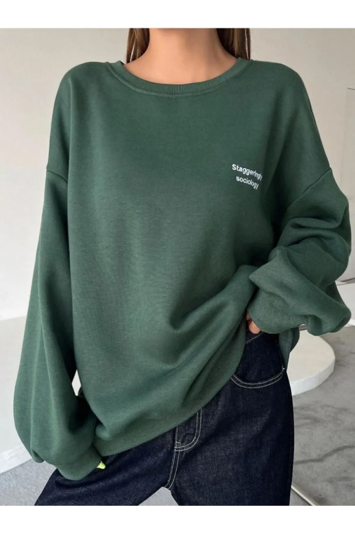 Baskılı Bisiklet Yaka Sweatshirt