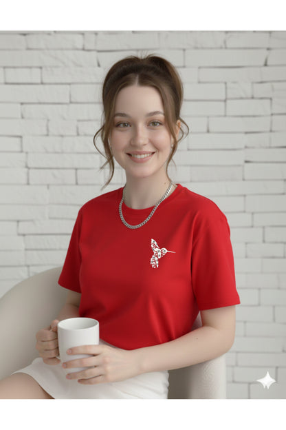 Colibri Baskılı Bisiklet Yaka Kadın Tshirt
