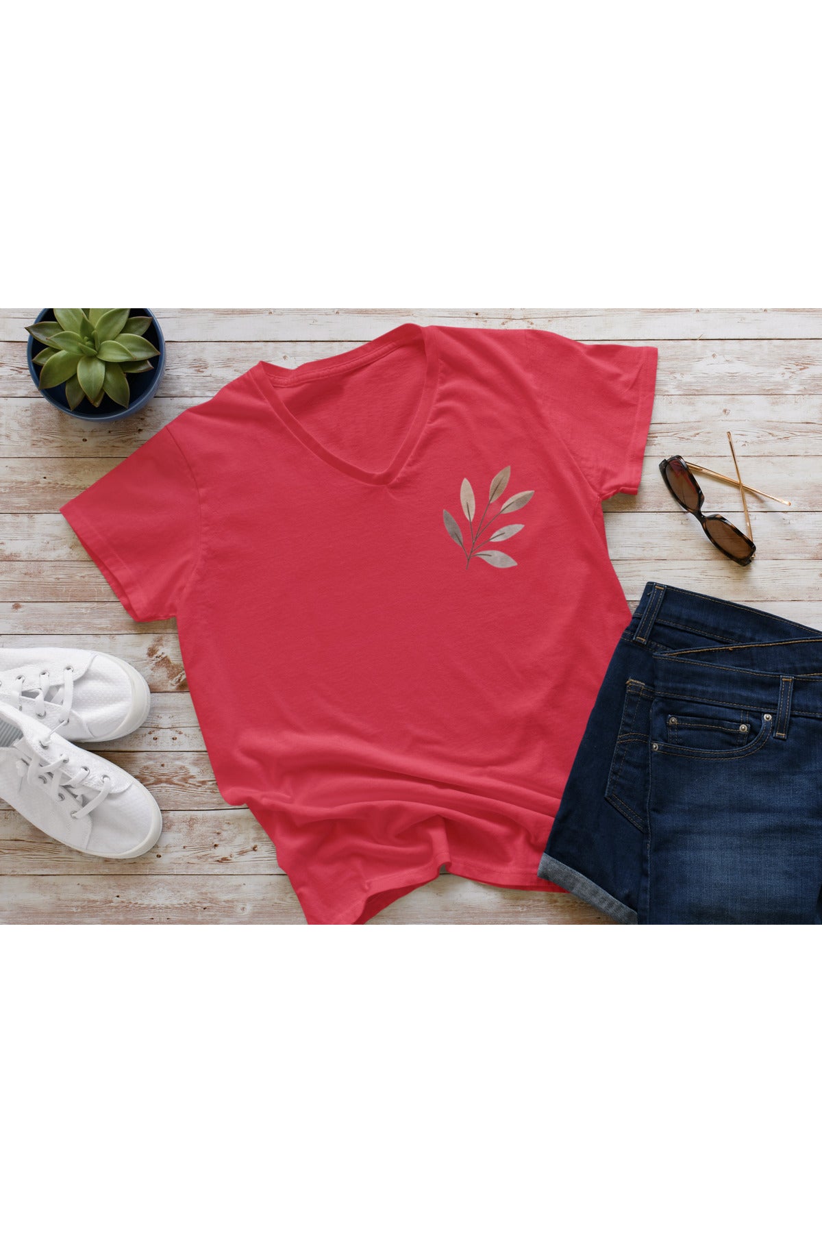 V Yaka Basic Pamuklu  Baskılı Tshirt ZEYTİN DALI